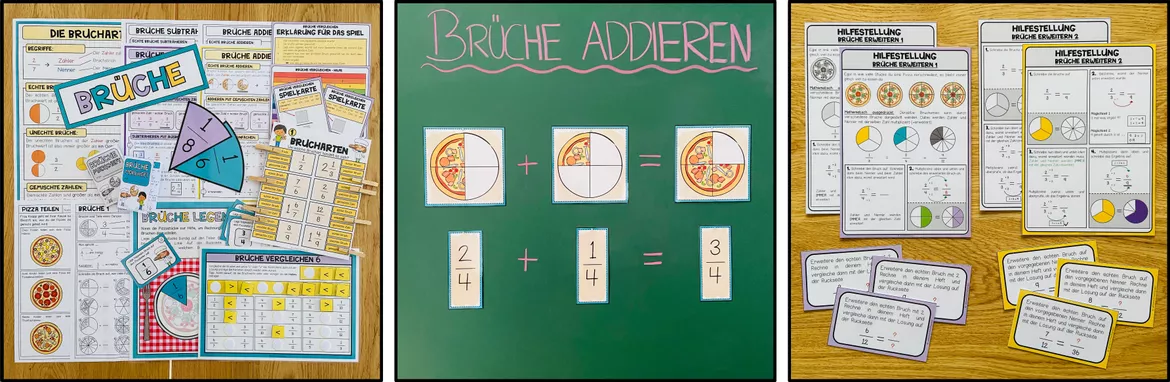 Bild in der Beschreibung des Unterrichtsmaterials Brüche 5. Klasse, Bruchrechnen Übungen, Brüche kürzen und erweitern, Brüche vergleichen, ordnen, addieren, subtrahieren, multiplizieren, dividieren, gemischte Zahlen, Mathe Arbeitsblätter | Materialpaket von Unterrichtmitspass #5