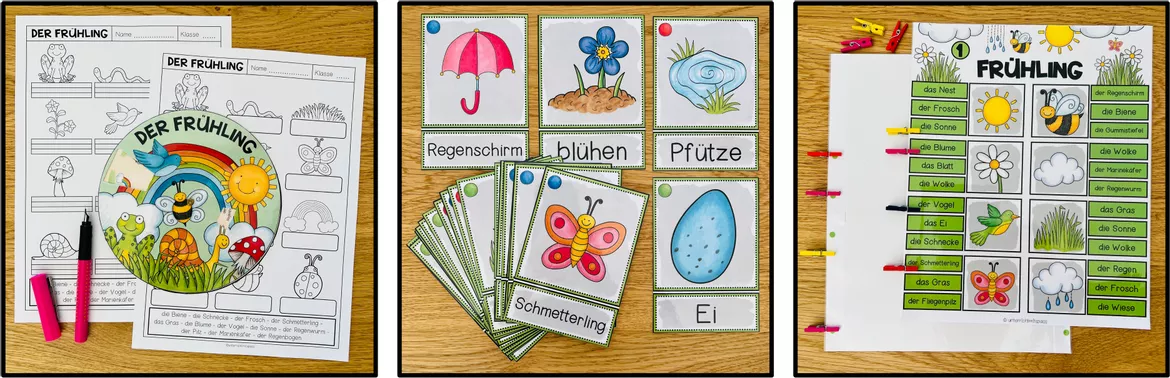 Bild in der Beschreibung des Unterrichtsmaterials Frühling DaF / DaZ / Deutsch Grundschule, Klasse 2, 3, 4, 5 – Wortschatz Frühling, Deutsch, Arbeitsblätter, Bildkarten, Wortkarten, Spiele, Lesen, Sprechen, Sprachförderung | Materialpaket von Unterrichtmitspass #1