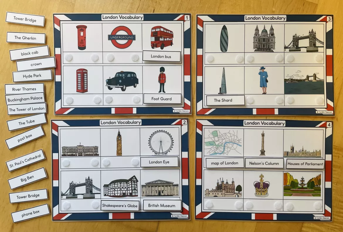 Bild in der Beschreibung des Unterrichtsmaterials London - Vocabulary Cards (Klettmappen) von Camilla