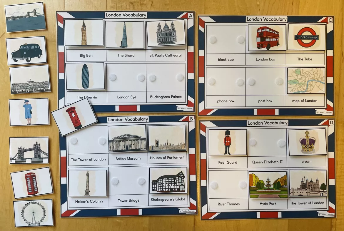 Bild in der Beschreibung des Unterrichtsmaterials London - Vocabulary Cards (Klettmappen) von Camilla