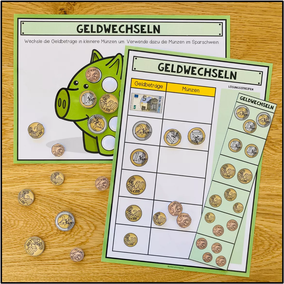 Bild in der Beschreibung des Unterrichtsmaterials Geldbeträge wechseln – Euro & Cent | Legeaufgabe mit Münzen 4.–5. Klasse von Unterrichtmitspass #2