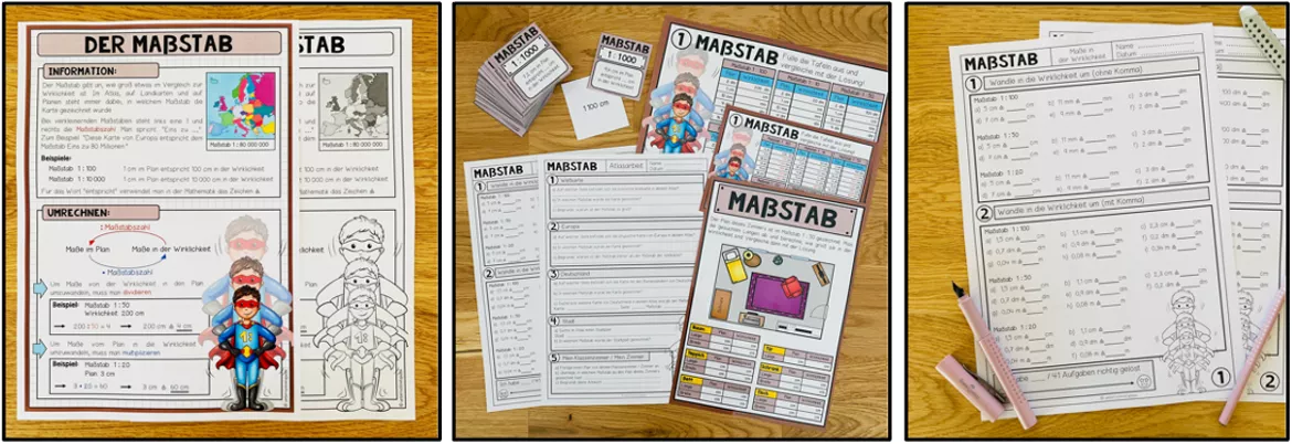 Bild in der Beschreibung des Unterrichtsmaterials Maßstab Klasse 5, 6 – Maßstab berechnen, vergrößern und verkleinern, Längen umrechnen, Kartenmaßstab, Strecken berechnen | Arbeitsblätter, Übungen, Materialpaket von Unterrichtmitspass #1