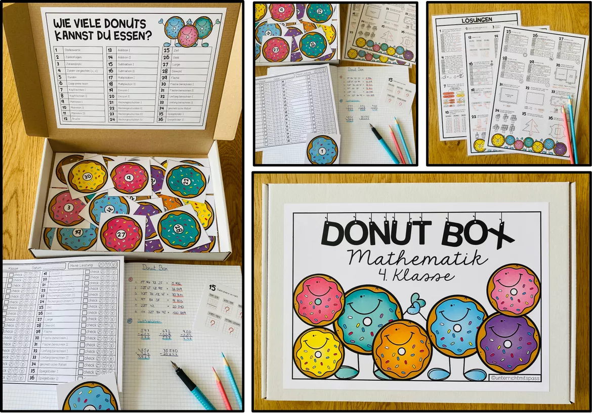 Bild in der Beschreibung des Unterrichtsmaterials MATHEMATIK - DONUT BOX (4. Schulstufe) 36 Aufgabenkärtchen zum Jahresstoff von Unterrichtmitspass #1