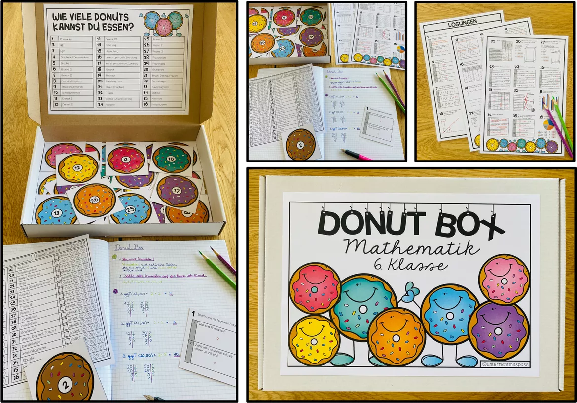 Bild in der Beschreibung des Unterrichtsmaterials MATHEMATIK - DONUT BOX (6. Schulstufe) 36 Aufgabenkarten zum Jahresstoff von Unterrichtmitspass #1