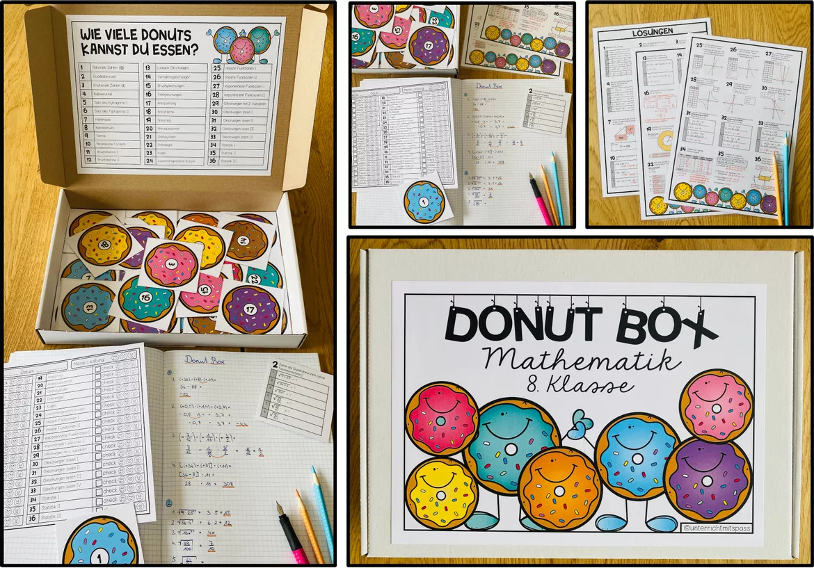 Bild in der Beschreibung des Unterrichtsmaterials Mathematik Übungen 1.–8. Klasse, Mathe Aufgaben, Rechnen, Grundrechenarten, Zahlenraum, Brüche, Geometrie, Größen, Sachaufgaben, Wiederholung, Freiarbeit, Donut Boxen | Sparpaket Klasse 1, 2, 3, 4, 5, 6, 7, 8 von Unterrichtmitspass #2
