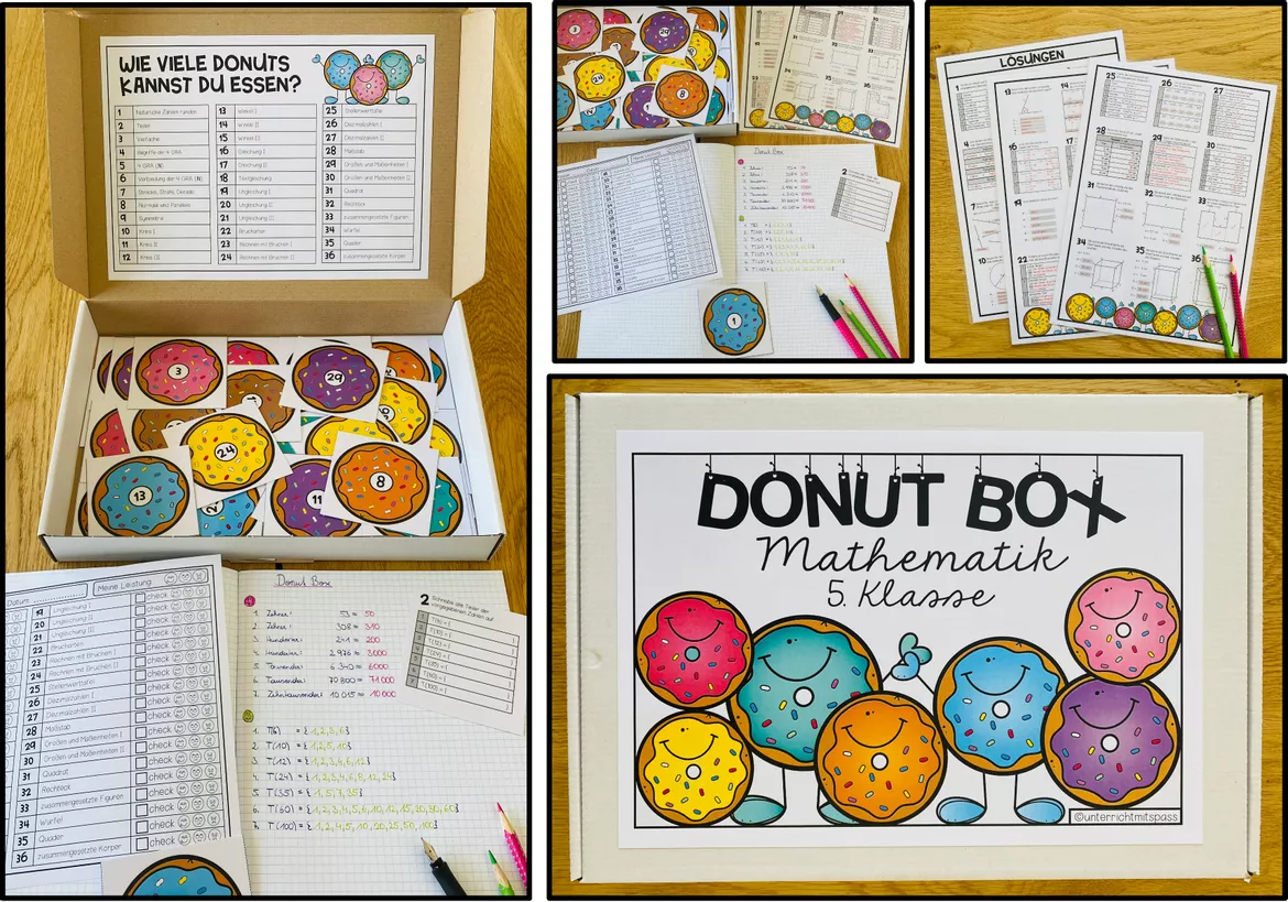 Bild in der Beschreibung des Unterrichtsmaterials MATHEMATIK - DONUT BOX (5. Schulstufe) 36 Aufgabenkärtchen zum Jahresstoff von Unterrichtmitspass #1