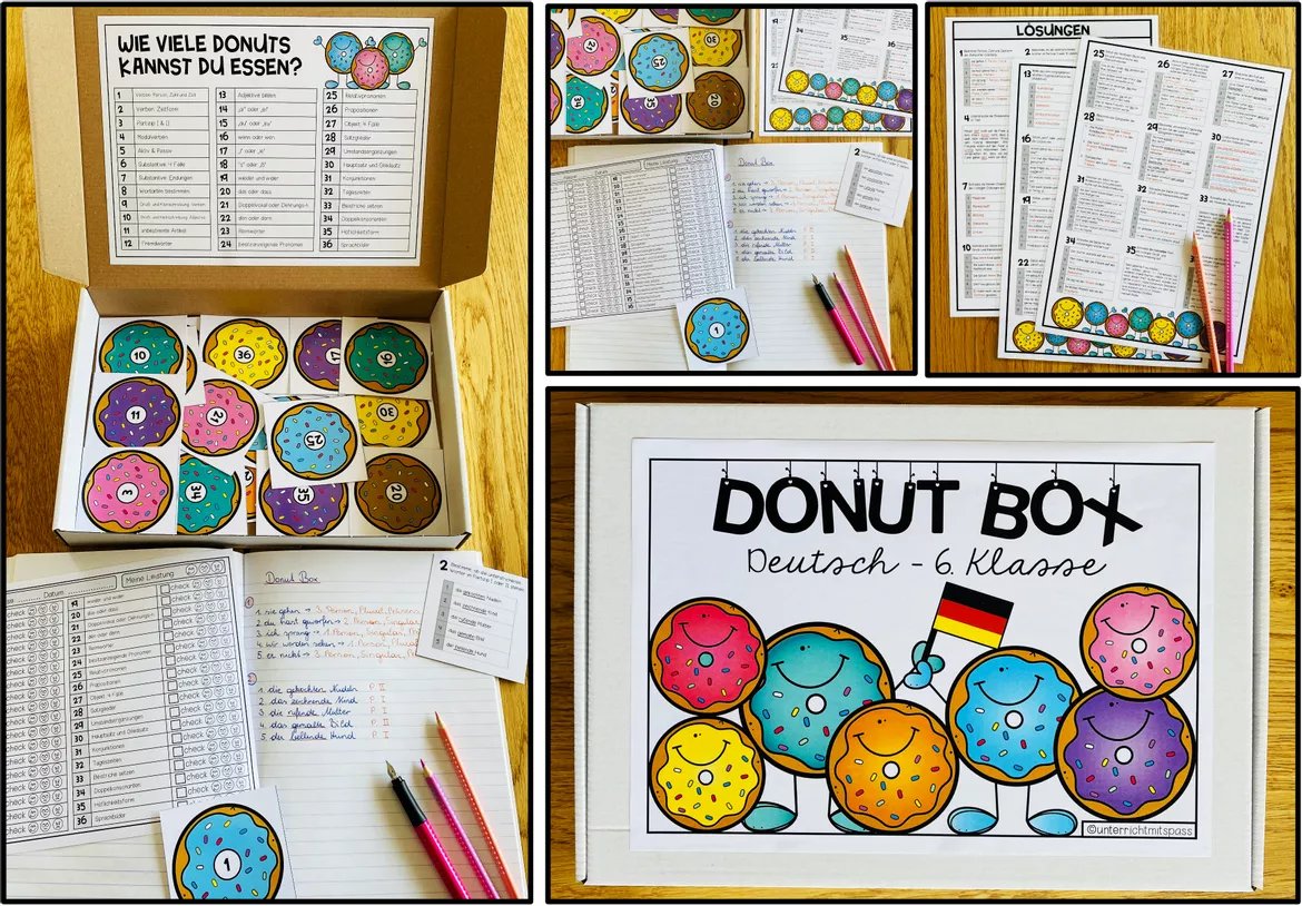 Bild in der Beschreibung des Unterrichtsmaterials DEUTSCH - DONUT BOX (6. Schulstufe) 36 Aufgabenkarten zum Jahresstoff von Unterrichtmitspass #2