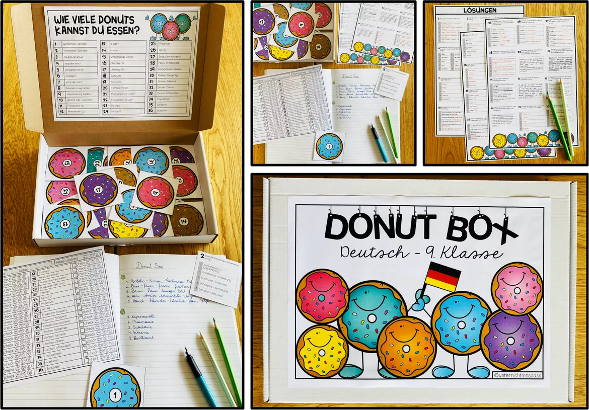 Bild in der Beschreibung des Unterrichtsmaterials DEUTSCH - DONUT BOX (9. Schulstufe) 36 Aufgabenkarten zum Jahresstoff von Unterrichtmitspass #2