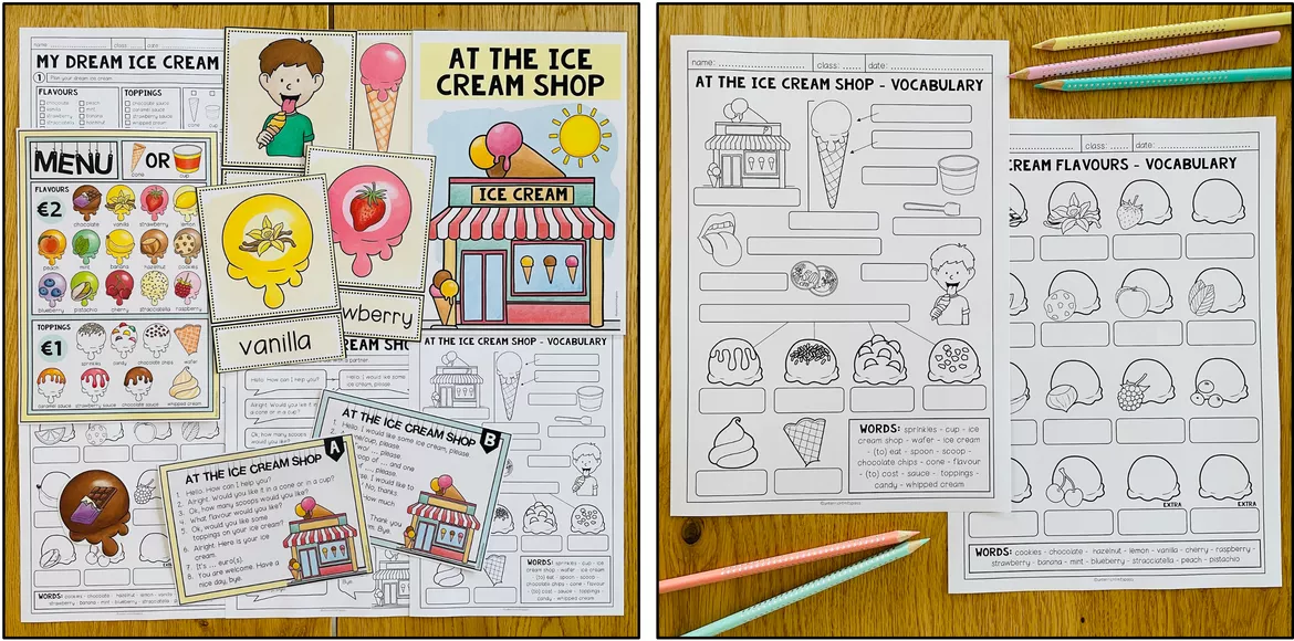 Bild in der Beschreibung des Unterrichtsmaterials Food and Drinks, Ice Cream Shop, Eis kaufen Englisch, Bestellen, Dialoge, Rollenspiele, Arbeitsblätter, Übungen, Wortschatz, Speaking Activities, Materialpaket, komplette Unterrichtseinheit, Verlaufsplanung | Klasse 3, 4, 5 von Unterrichtmitspass #2