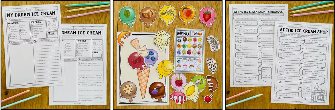 Bild in der Beschreibung des Unterrichtsmaterials Food and Drinks, Ice Cream Shop, Eis kaufen Englisch, Bestellen, Dialoge, Rollenspiele, Arbeitsblätter, Übungen, Wortschatz, Speaking Activities, Materialpaket, komplette Unterrichtseinheit, Verlaufsplanung | Klasse 3, 4, 5 von Unterrichtmitspass #3