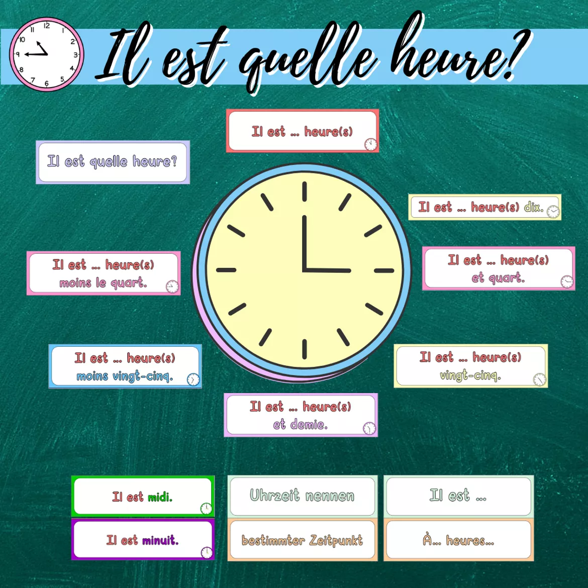 Bild in der Beschreibung des Unterrichtsmaterials Freebie: Tafelkarten "Il est quelle heure?" (Uhrzeit) von Mme_Sie #1