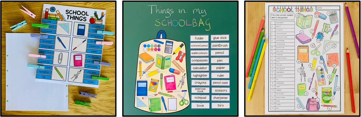 Bild in der Beschreibung des Unterrichtsmaterials SCHOOL THINGS - ENGLISH BUNDLE von MyTeachingFactory #1