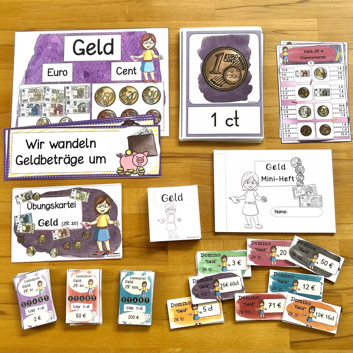 Bild in der Beschreibung des Unterrichtsmaterials Geld Materialpaket Klasse 1-3 | Euro & Cent | Mathematik Grundschule von workingatschool #1
