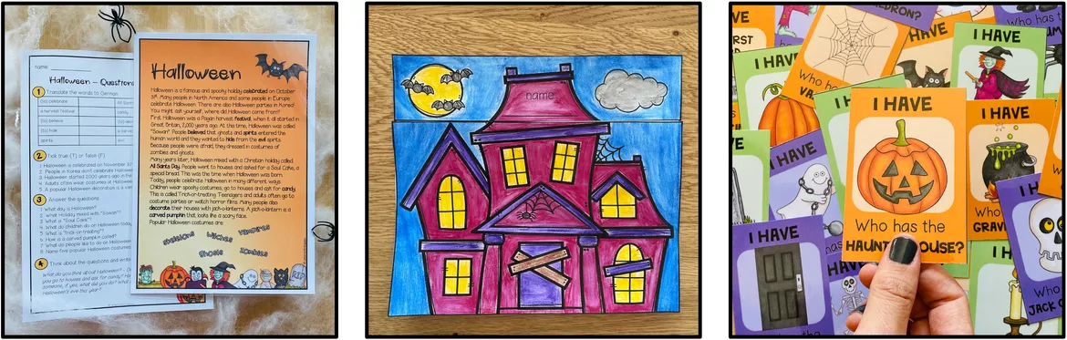 Bild in der Beschreibung des Unterrichtsmaterials Halloween Englischunterricht, Halloween Englisch, Arbeitsblätter, Übungen, Wortschatz, Lesetexte, Leseverständnis, Reading Comprehension, Speaking Activities, Spiele | Materialpaket Klasse 4, 5, 6, 7, 8 von Unterrichtmitspass #2