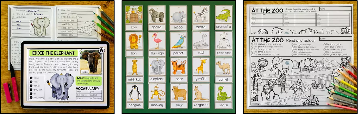 Bild in der Beschreibung des Unterrichtsmaterials Zoo Animals Englisch – Zootiere, Tiere im Zoo, Zoo Animals Vocabulary, Wortschatz, Reading, Leseverstehen, Speaking, Writing | Materialpaket, Lernspiele, Arbeitsblätter 3., 4., 5. Klasse, Grundschule, Sekundarstufe von Unterrichtmitspass #2