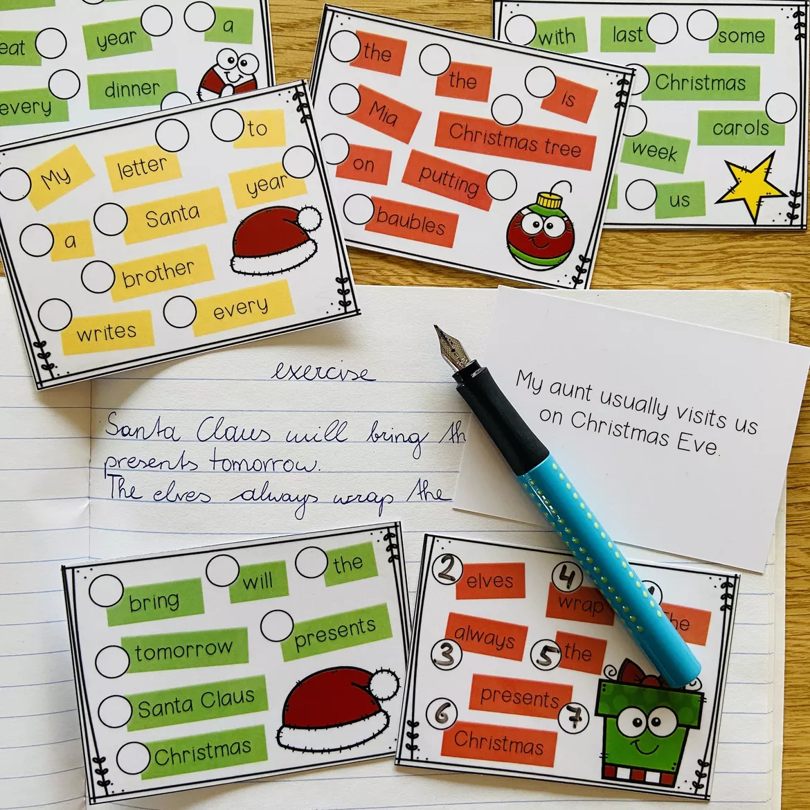 Bild in der Beschreibung des Unterrichtsmaterials Satzbau Englisch Klasse 5, 6, 7, 8, Jumbled Sentences, Wortstellung, Sätze bilden, Sentence Structure, Aufgabenkarten / Task Cards, Grammatik | Materialpaket von Unterrichtmitspass #1