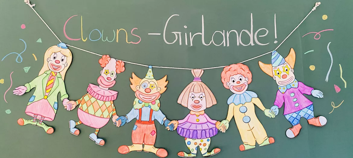 Bild in der Beschreibung des Unterrichtsmaterials Karneval / Fasching – Clown Bastelvorlage, Clown Girlande, Fasching Basteln, Karnevalsdeko, Faschingsdeko, Klassendeko, Bastelprojekt, Kunstprojekt, Kunstunterricht, Bastelvorlagen, Grundschule | 1., 2., 3., 4. Klasse von Unterrichtmitspass #1
