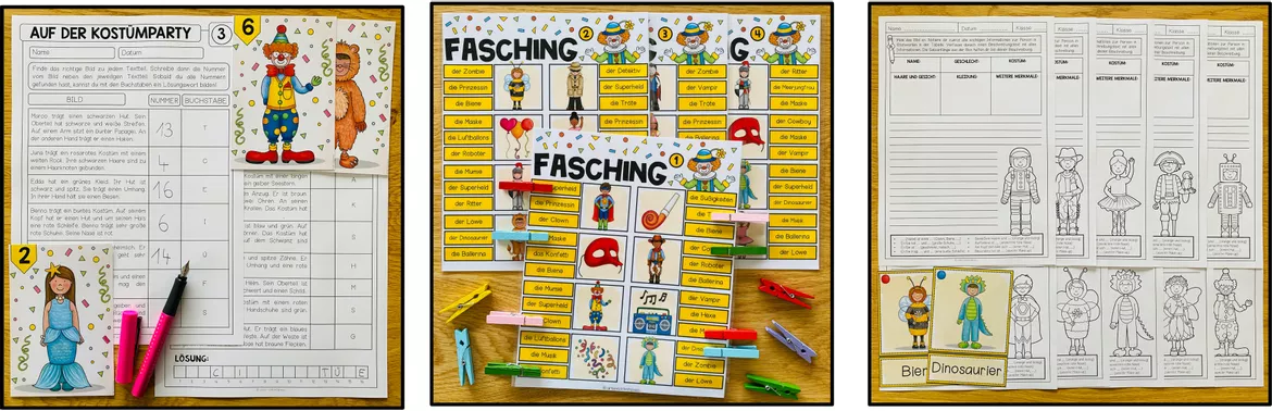 Bild in der Beschreibung des Unterrichtsmaterials Karneval / Fasching Deutsch, DaF, DaZ, Wortschatz, Arbeitsblätter, Lesen, Schreiben, Lesetexte, Leseverständnis, Übungen, Sprachförderung, Grundschule | Materialpaket von Unterrichtmitspass #3