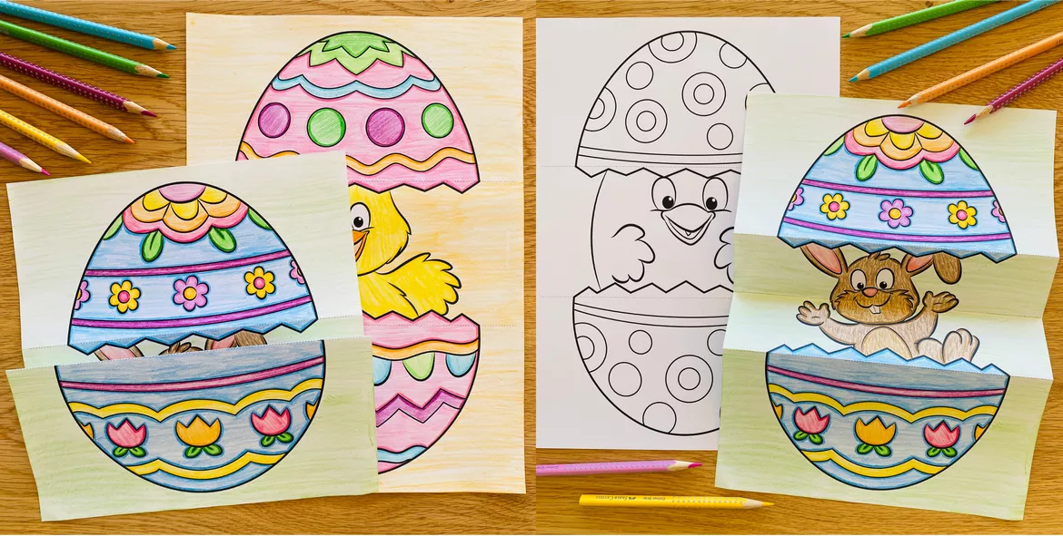 Bild in der Beschreibung des Unterrichtsmaterials Ostern Basteln – Aufklappbilder, Klappbilder, Bastelvorlagen, Ostereier, Ausmalbilder, Bastelidee, Osterdeko, Klassendeko, Kunstunterricht | Bastelprojekt, Malvorlagen, Klasse 1, 2, 3, 4, Grundschule von Unterrichtmitspass #1