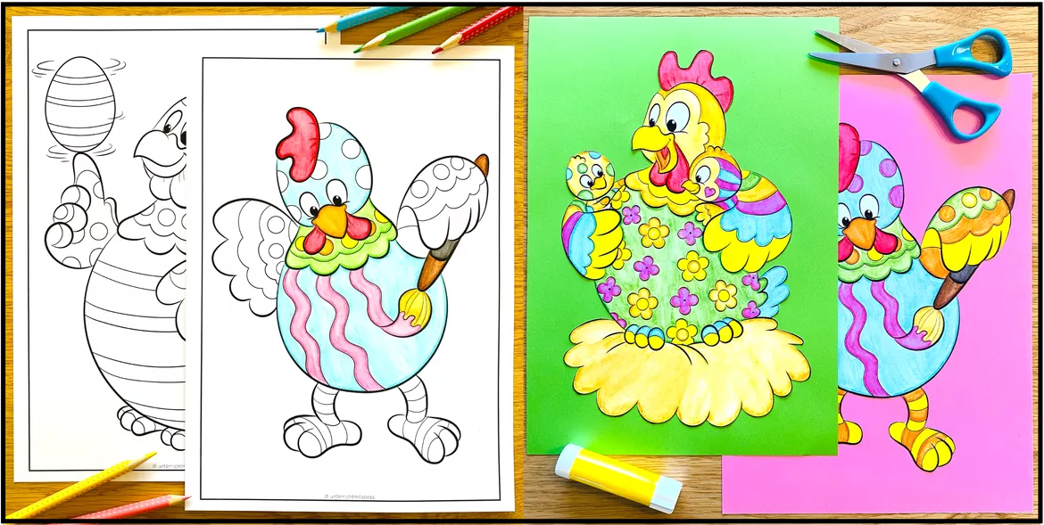 Bild in der Beschreibung des Unterrichtsmaterials Ostern – Lustige Hühner ausmalen | 10 Malvorlagen und Fensterbilder 3.–4. Klasse von Unterrichtmitspass #1