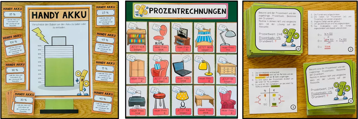 Bild in der Beschreibung des Unterrichtsmaterials Prozentrechnung 6. 7. Klasse, Prozentrechnen Übungen, Prozentwert, Prozentsatz, Grundwert, Prozente berechnen, Sachaufgaben, Dreisatz, Mathe Arbeitsblätter, Mathematik Übungen | Materialpaket von Unterrichtmitspass #1