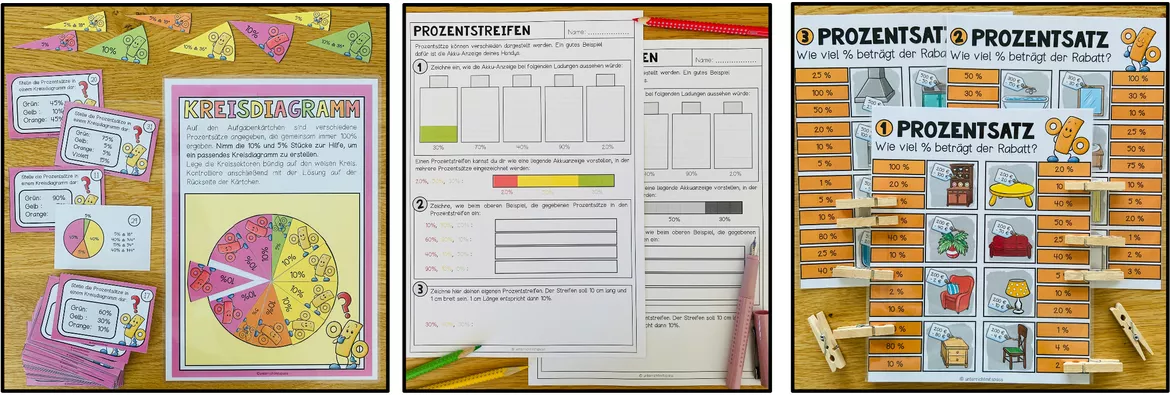 Bild in der Beschreibung des Unterrichtsmaterials Prozentrechnung 6. 7. Klasse, Prozentrechnen Übungen, Prozentwert, Prozentsatz, Grundwert, Prozente berechnen, Sachaufgaben, Dreisatz, Mathe Arbeitsblätter, Mathematik Übungen | Materialpaket von Unterrichtmitspass #2