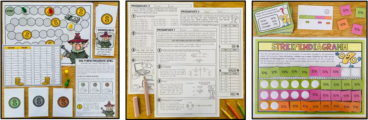 Bild in der Beschreibung des Unterrichtsmaterials Prozentrechnung 6. 7. Klasse, Prozentrechnen Übungen, Prozentwert, Prozentsatz, Grundwert, Prozente berechnen, Sachaufgaben, Dreisatz, Mathe Arbeitsblätter, Mathematik Übungen | Materialpaket von Unterrichtmitspass #4