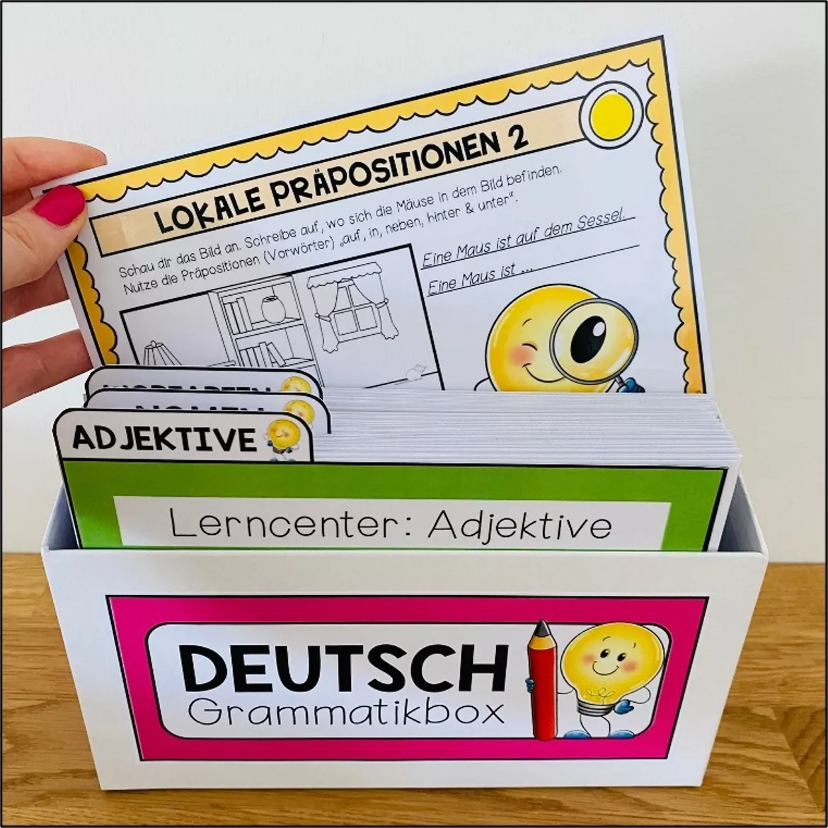 Bild in der Beschreibung des Unterrichtsmaterials Deutsch Grammatik Übungen, Wortarten, Nomen, Verben, Adjektive, Pronomen, Fälle, Satzglieder, Zeiten, Rechtschreibung, Arbeitsblätter, Lerncenter, Lerntheke, Stationenlernen, Freiarbeit | Materialpaket von Unterrichtmitspass #1