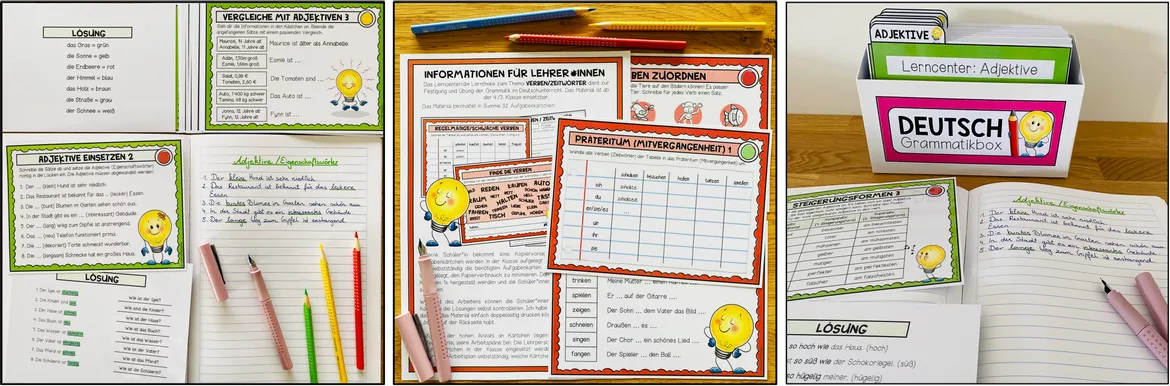 Bild in der Beschreibung des Unterrichtsmaterials Deutsch Grammatik Übungen, Wortarten, Nomen, Verben, Adjektive, Pronomen, Fälle, Satzglieder, Zeiten, Rechtschreibung, Arbeitsblätter, Lerncenter, Lerntheke, Stationenlernen, Freiarbeit | Materialpaket von Unterrichtmitspass #3