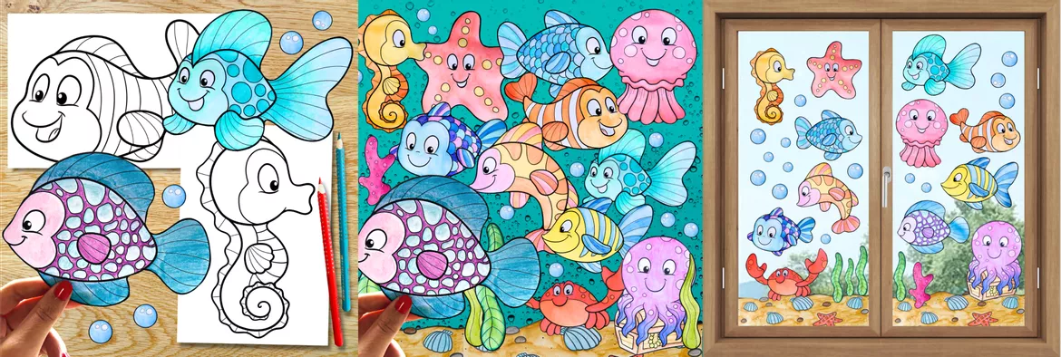 Bild in der Beschreibung des Unterrichtsmaterials Unterwasserwelt – Aquarium und Fische gestalten | Fensterbilder und Malvorlagen 3.–4. Klasse von Unterrichtmitspass #1