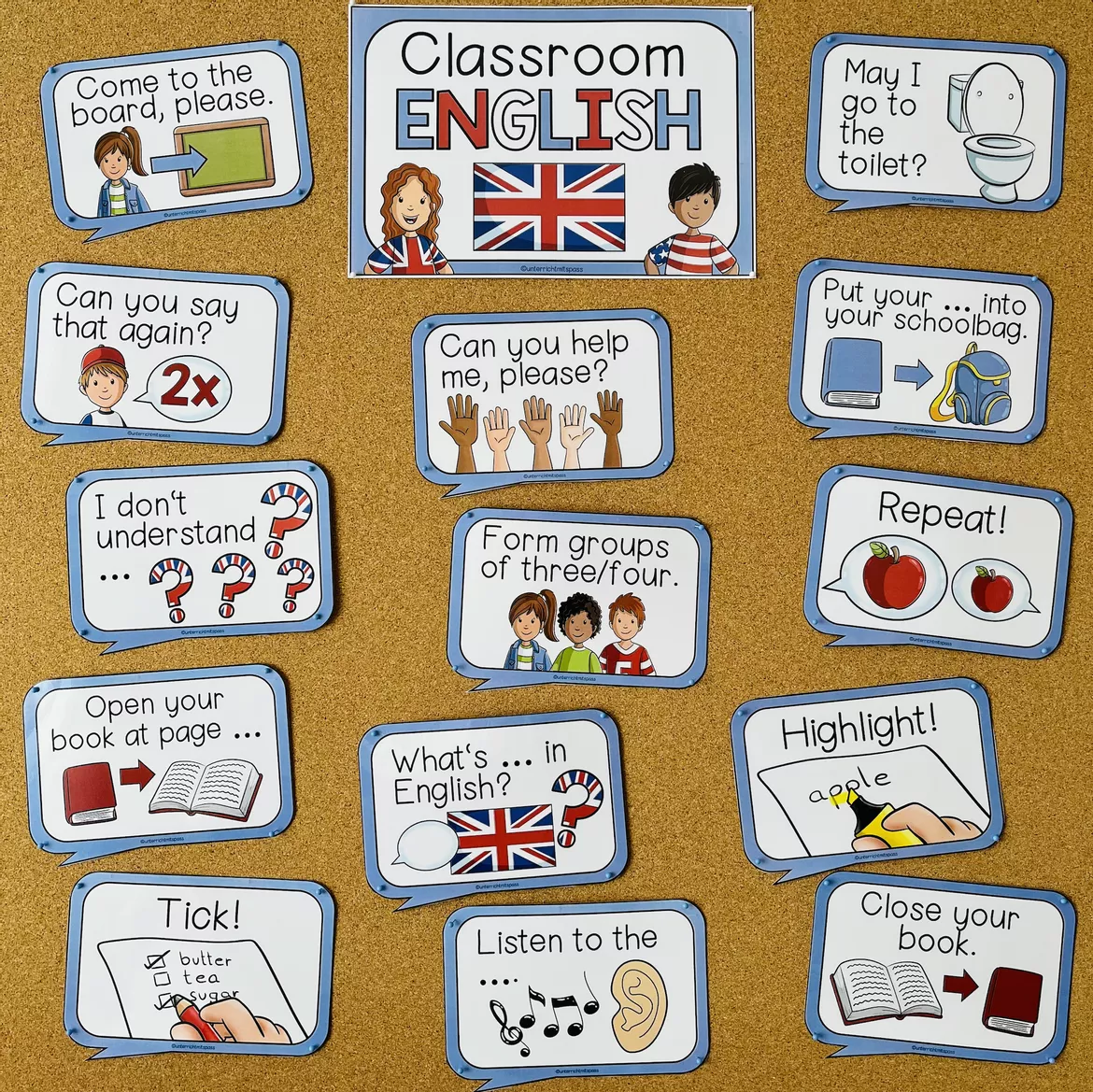 Bild in der Beschreibung des Unterrichtsmaterials Classroom Phrases Englisch – Classroom Language, Redemittel im Englischunterricht, Arbeitsanweisungen | Poster, Bildkarten, 2., 3. Klasse, Grundschule von Unterrichtmitspass #2