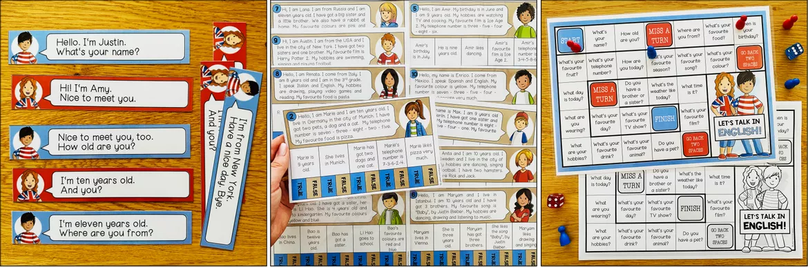 Bild in der Beschreibung des Unterrichtsmaterials Nice to meet you Englisch – erste Dialoge auf Englisch, Anfangsunterricht, English for Beginners, Speaking, Conversation, Reading, Writing, Kennenlernen | Arbeitsblätter, Lernspiele, Sprechkarten, Dialoge, Materialpaket 2., 3., 4., 5. Klasse, Grundschule von Unterrichtmitspass #3