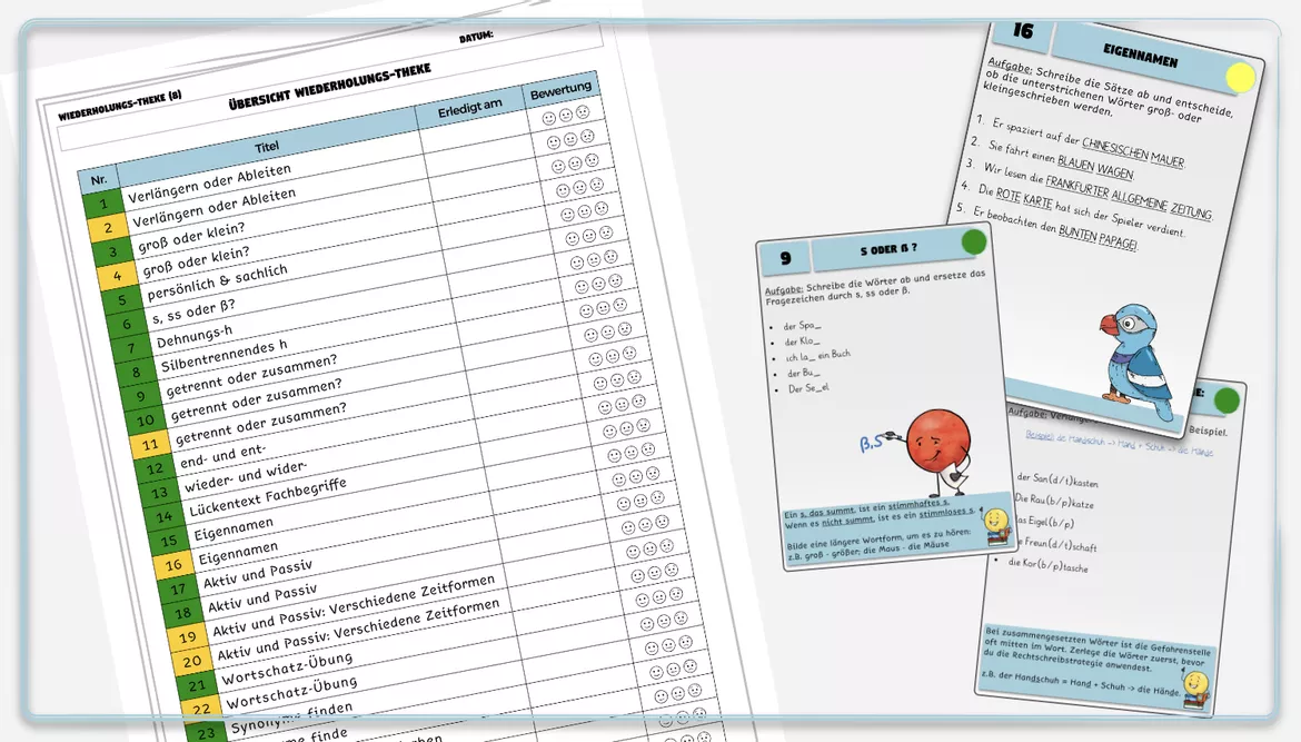 Bild in der Beschreibung des Unterrichtsmaterials Wiederholung Deutsch: Klasse 5 (mit 44 Karten zu wichtigen Themen) von Smart Teachers