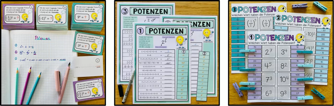 Bild in der Beschreibung des Unterrichtsmaterials Potenzen Klasse 7, 8, Potenzgesetze / Potenzregeln, Basis und Exponent, Potenzen berechnen, multiplizieren, dividieren, potenzieren, Zehnerpotenzen, Mathe Übungen, Arbeitsblätter | Materialpaket von Unterrichtmitspass #3