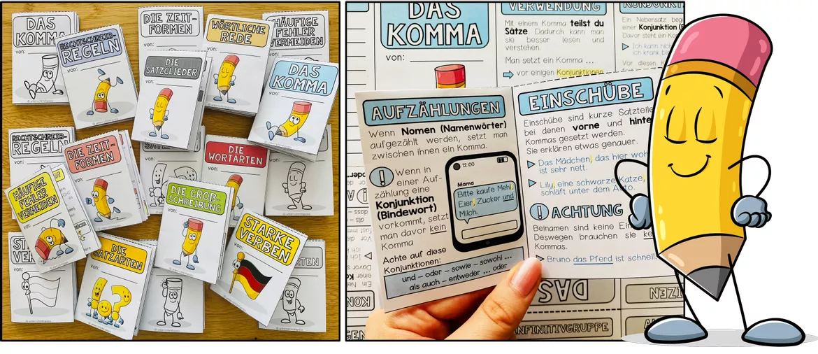Bild in der Beschreibung des Unterrichtsmaterials Deutsch Merkhefte Klasse 4, 5, 6, 7 Grammatik, Rechtschreibung, Wortarten, Satzglieder, Zeiten, Falthefte | Materialpaket von Unterrichtmitspass #1