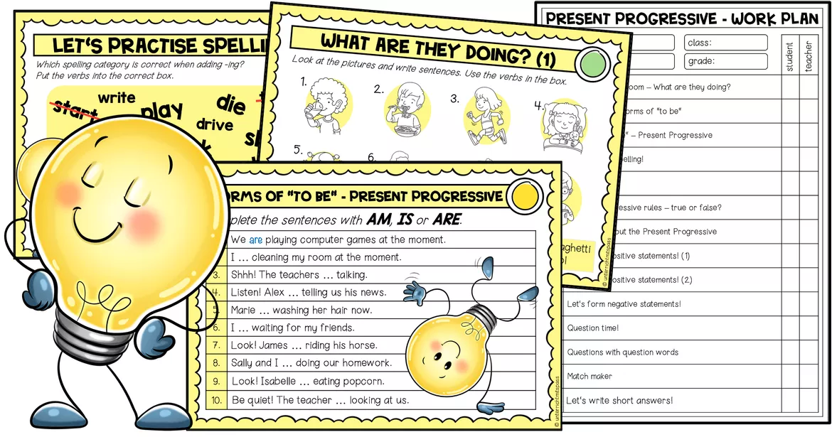 Bild in der Beschreibung des Unterrichtsmaterials Present Progressive Englisch – Grammatik, Grammar, Present Progressive Übungen, Aufgaben, Zeiten, Satzbildung | Lerncenter, Lerntheke, Aufgabenkarten, Grammatikübungen 5., 6. Klasse, Sekundarstufe von Unterrichtmitspass #1