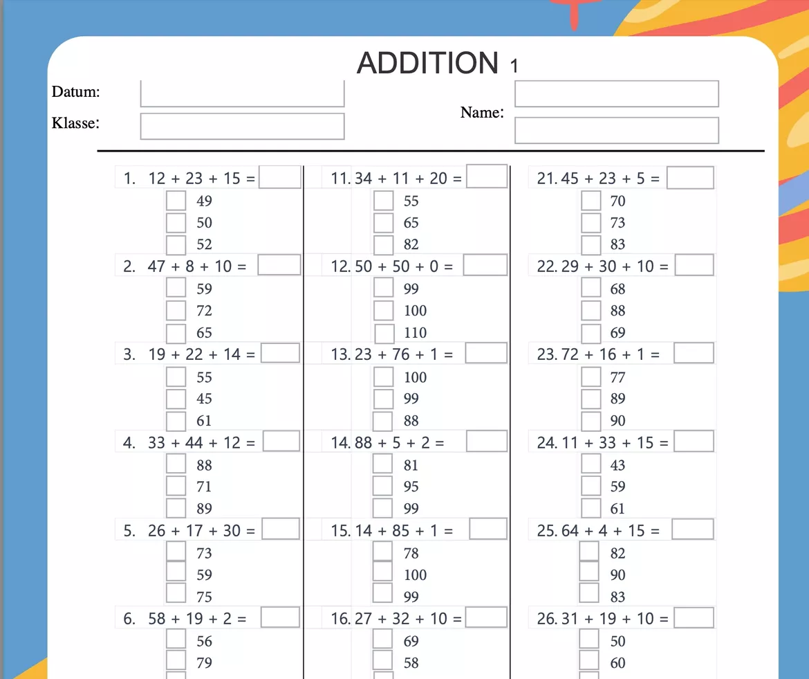 Bild in der Beschreibung des Unterrichtsmaterials Mathematik - 30 Additionen - Digital, Papierlos ausfüllbar von Helmut #1