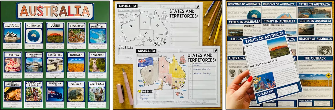 Bild in der Beschreibung des Unterrichtsmaterials Australia / Australien – Englisch, Landeskunde, Materialpaket, Culture, Country, Sehenswürdigkeiten, Geografie, Geschichte, Reading, Vocabulary, Wortschatz, Writing, Speaking | Unterrichtsreihe, Klasse 4, 5, 6, 7, 8, Sekundarstufe von Unterrichtmitspass #4