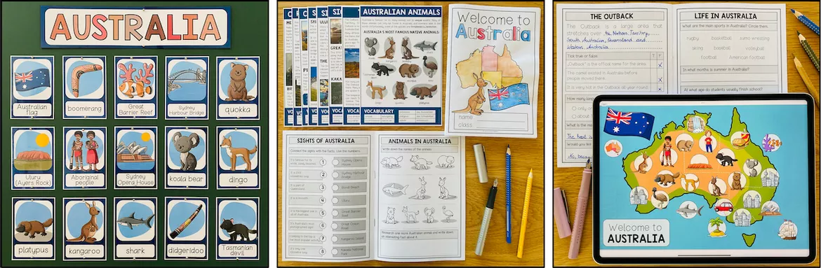 Bild in der Beschreibung des Unterrichtsmaterials Australia / Australien – Englisch, Landeskunde, Materialpaket, Culture, Country, Sehenswürdigkeiten, Geografie, Geschichte, Reading, Vocabulary, Wortschatz, Writing, Speaking | Unterrichtsreihe, Klasse 4, 5, 6, 7, 8, Sekundarstufe von Unterrichtmitspass #1