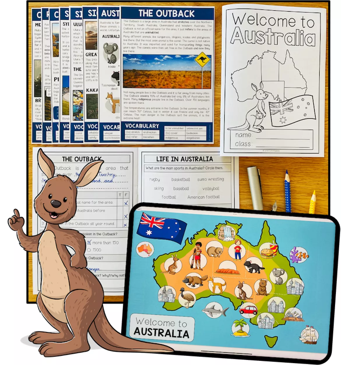 Bild in der Beschreibung des Unterrichtsmaterials Australia / Australien – Englisch, Landeskunde, Materialpaket, Culture, Country, Sehenswürdigkeiten, Geografie, Geschichte, Reading, Vocabulary, Wortschatz, Writing, Speaking | Unterrichtsreihe, Klasse 4, 5, 6, 7, 8, Sekundarstufe von Unterrichtmitspass #3