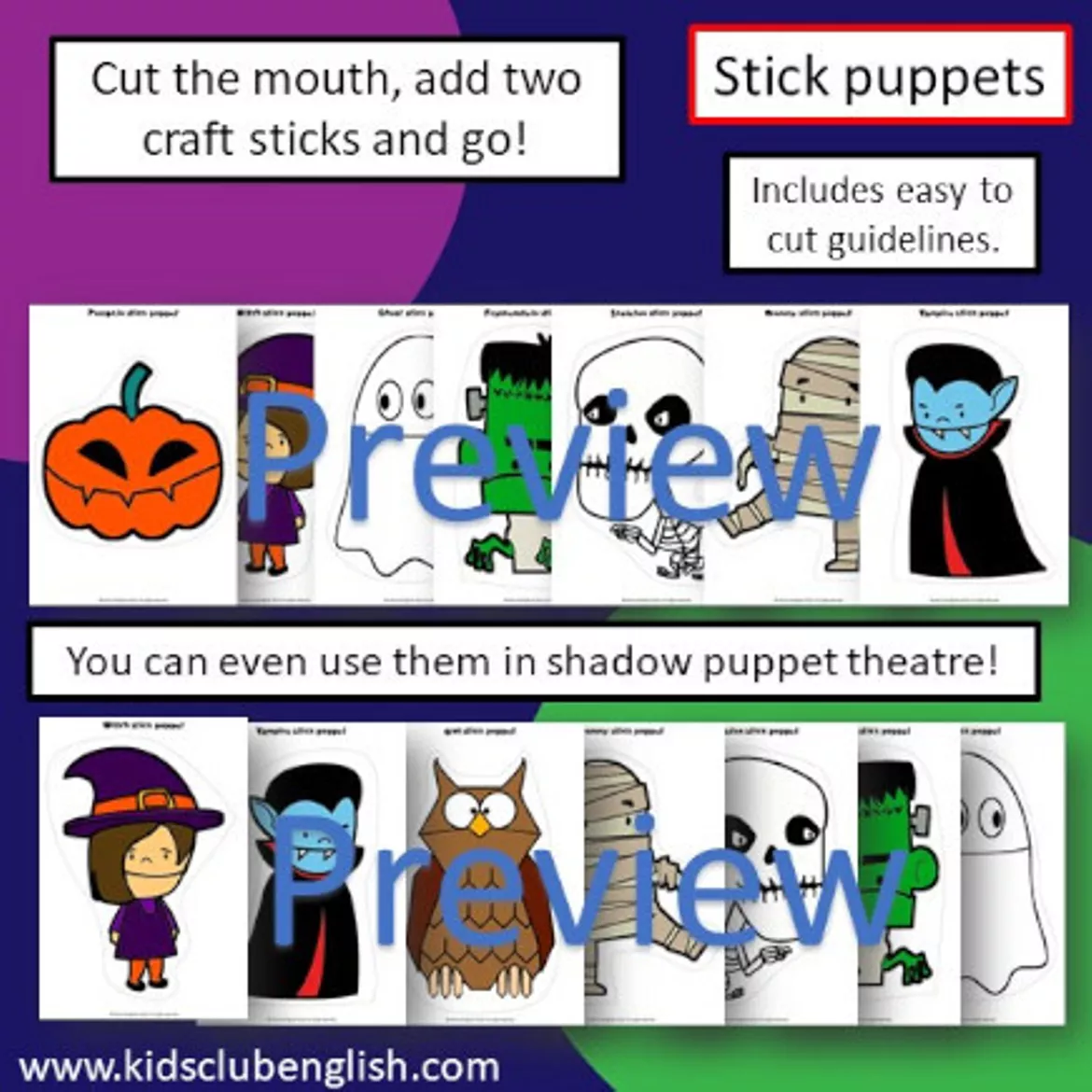 Bild in der Beschreibung des Unterrichtsmaterials Halloween Peg and Stick Puppets | ESL EFL craft von Kids Club English with Fiona Hunter #2