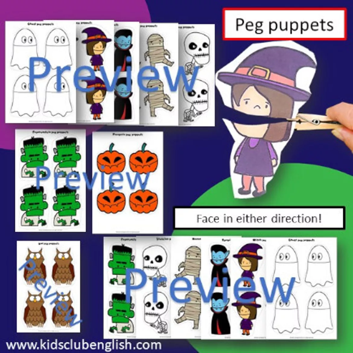 Bild in der Beschreibung des Unterrichtsmaterials Halloween Peg and Stick Puppets | ESL EFL craft von Kids Club English with Fiona Hunter #1