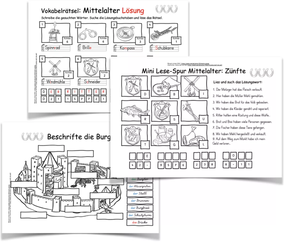 Bild in der Beschreibung des Unterrichtsmaterials Mittelalter Arbeitsblätter Lesespuren, Burg & Zünfte (Klasse 3/4) von kreativ lernen #1