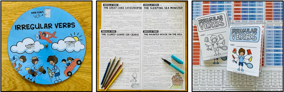 Bild in der Beschreibung des Unterrichtsmaterials Irregular Verbs / Unregelmäßige Verben – Englisch, Materialpaket, Arbeitsblatt, Übungen, Aufgaben, Infinitive, Simple Past, Past Participle, Verbliste, Past Tense, Grammatik | Worksheets, Spiele, Stationenlernen, Klasse 5, 6, 7, Sekundarstufe von Unterrichtmitspass #2