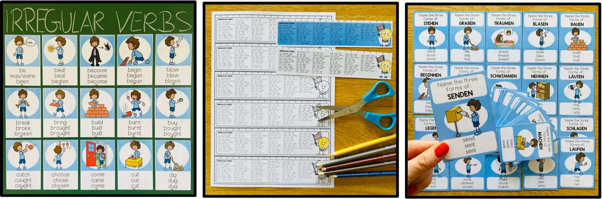 Bild in der Beschreibung des Unterrichtsmaterials Irregular Verbs / Unregelmäßige Verben – Englisch, Materialpaket, Arbeitsblatt, Übungen, Aufgaben, Infinitive, Simple Past, Past Participle, Verbliste, Past Tense, Grammatik | Worksheets, Spiele, Stationenlernen, Klasse 5, 6, 7, Sekundarstufe von Unterrichtmitspass #4