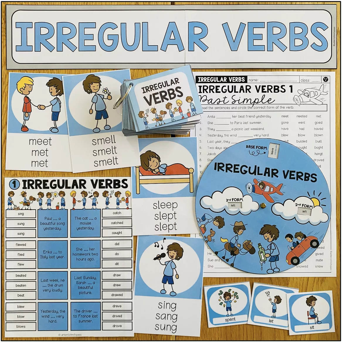 Bild in der Beschreibung des Unterrichtsmaterials Irregular Verbs / Unregelmäßige Verben – Englisch, Materialpaket, Arbeitsblatt, Übungen, Aufgaben, Infinitive, Simple Past, Past Participle, Verbliste, Past Tense, Grammatik | Worksheets, Spiele, Stationenlernen, Klasse 5, 6, 7, Sekundarstufe von Unterrichtmitspass #1