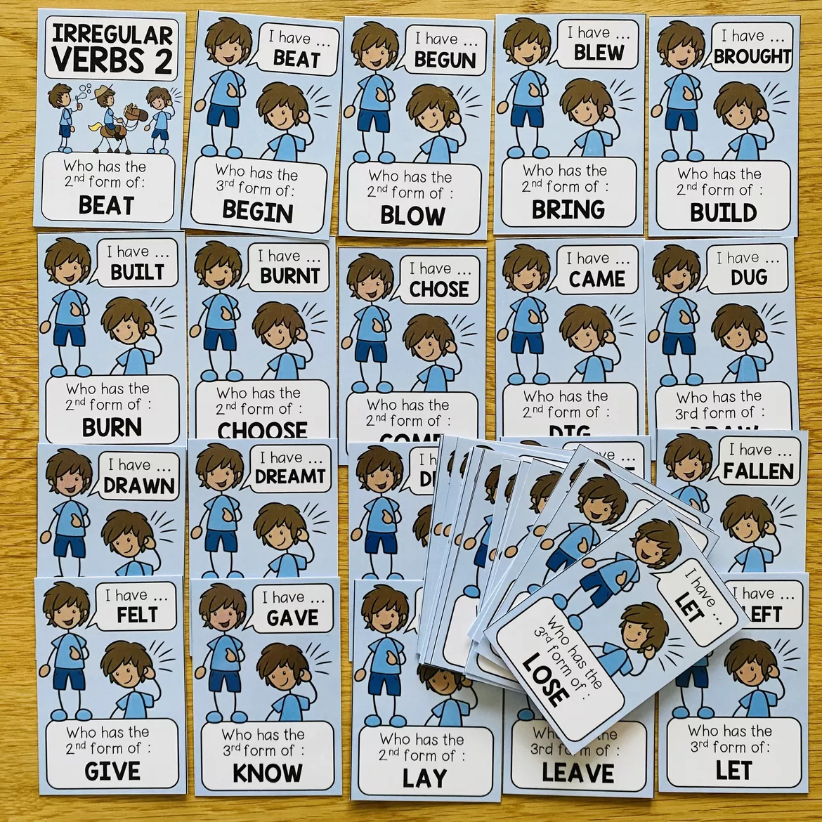 Bild in der Beschreibung des Unterrichtsmaterials Irregular Verbs Englisch – unregelmäßige Verben, Infinitive, Simple Past, Past Participle, Grammatik | I Have Who Has, Lernspiel, Kartenspiel, differenziert 4., 5., 6. Klasse, Grundschule, Sekundarstufe von Unterrichtmitspass #1