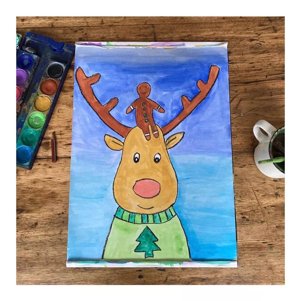 Bild in der Beschreibung des Unterrichtsmaterials Kunst Grundschule Winter, Lustige Rentiere im Winter, fertige Kunststunde von Kreativ-Schwestern #1