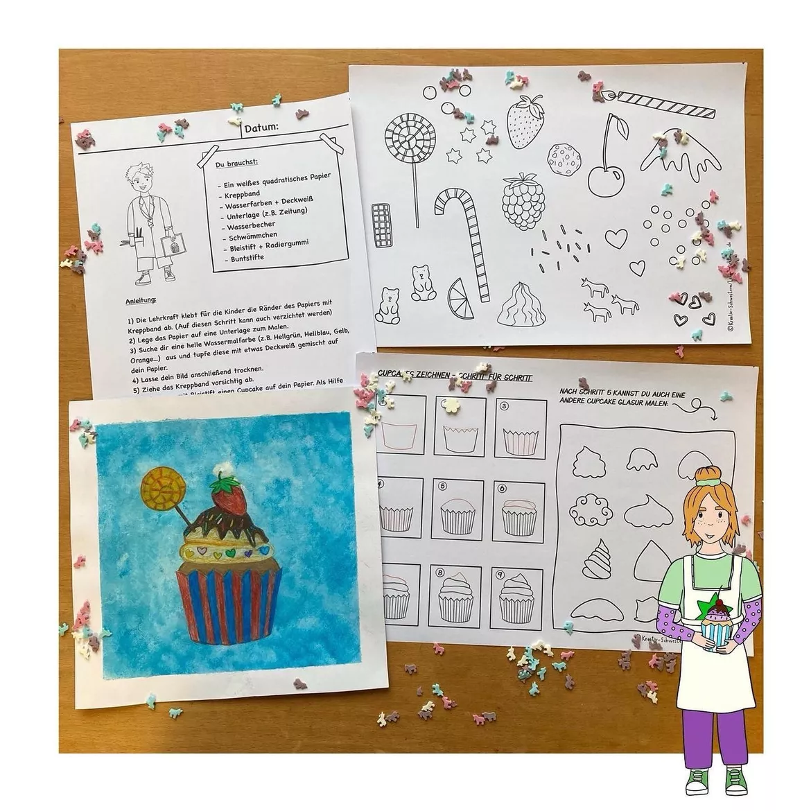 Bild in der Beschreibung des Unterrichtsmaterials Kunst Klasse 3, Kunst Klasse 4 Grundschule, Kunstidee Cupcakes, fertige Kunststunde von Kreativ-Schwestern #1