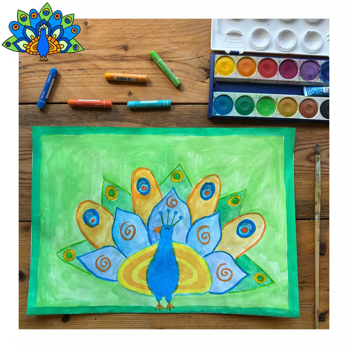 Bild in der Beschreibung des Unterrichtsmaterials Bunte Kunstidee „Pfauen“, fertige Kunststunde mit Wasserfarben und Ölkreiden von Kreativ-Schwestern #1